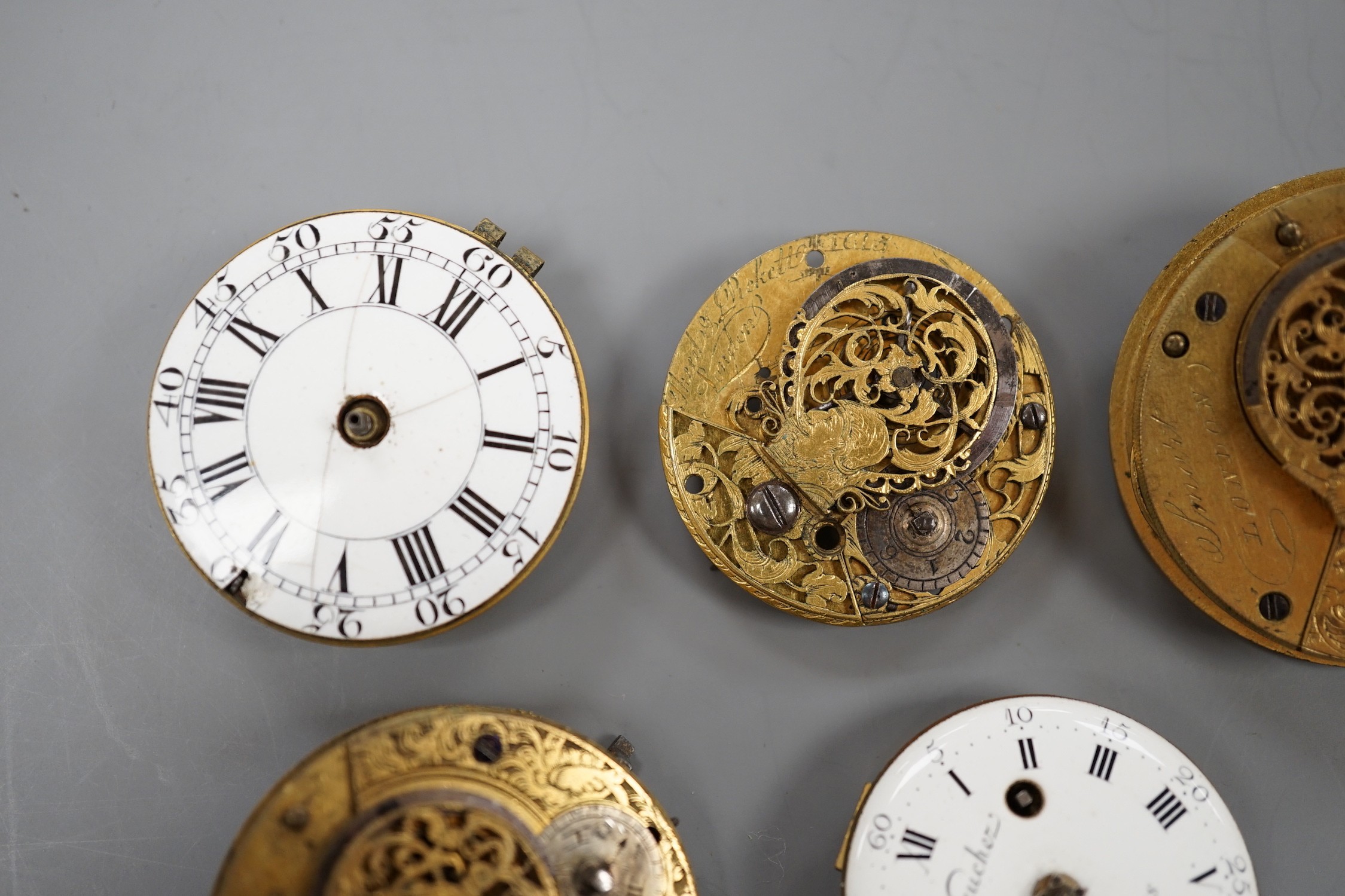 Five assorted 19th century pocket watch movements/accessories including English by Smart of London and French by Vaucher of Paris.